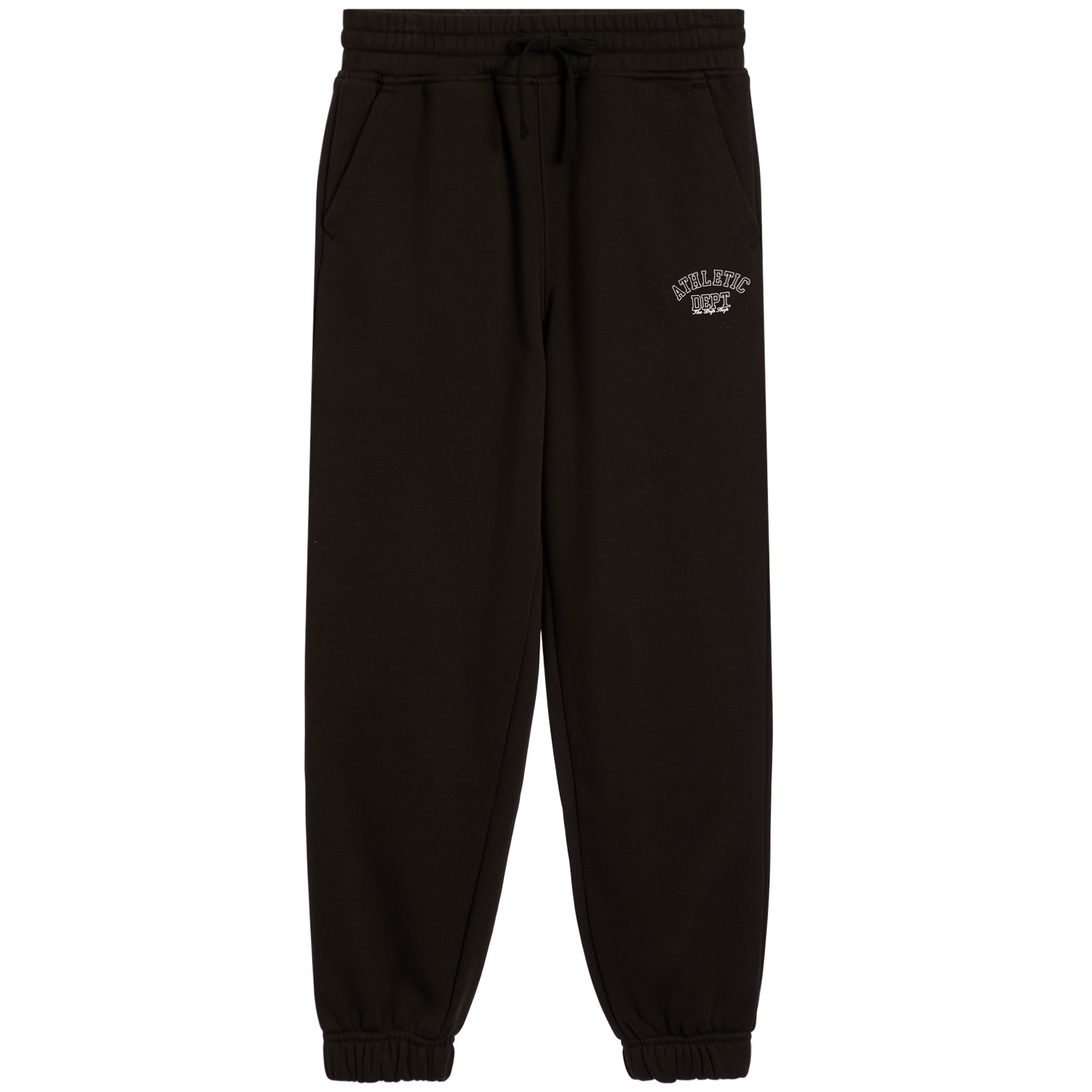 Black sweatpants with an elastic waistband, drawstring, side pockets, and elastic cuffs, featuring a small white graphic on the upper left thigh.
