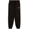 Black sweatpants with an elastic waistband, drawstring, side pockets, and elastic cuffs, featuring a small white graphic on the upper left thigh.
