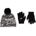 A Nike winter accessory set featuring a gray and black patterned beanie with a black pom-pom, a pair of black knit gloves with gray fingertips, and a white Nike logo on the beanie and one glove.