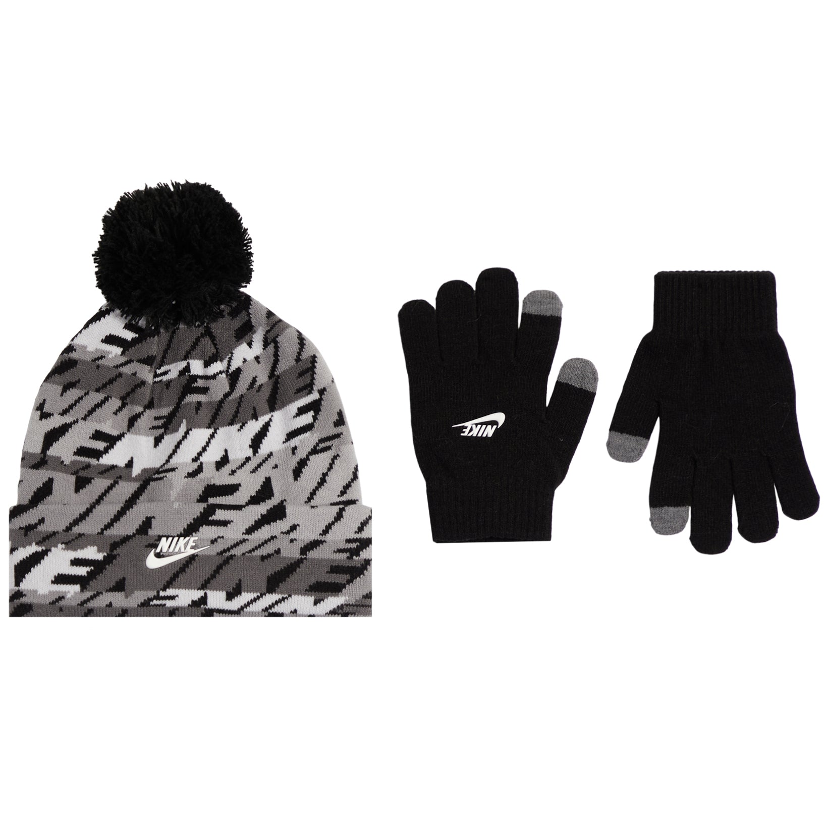 A Nike winter accessory set featuring a gray and black patterned beanie with a black pom-pom, a pair of black knit gloves with gray fingertips, and a white Nike logo on the beanie and one glove.