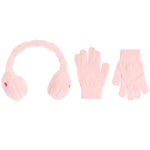 A light pink winter accessory set on a solid white background, including fuzzy earmuffs, a knit glove, and a ribbed knit glove.