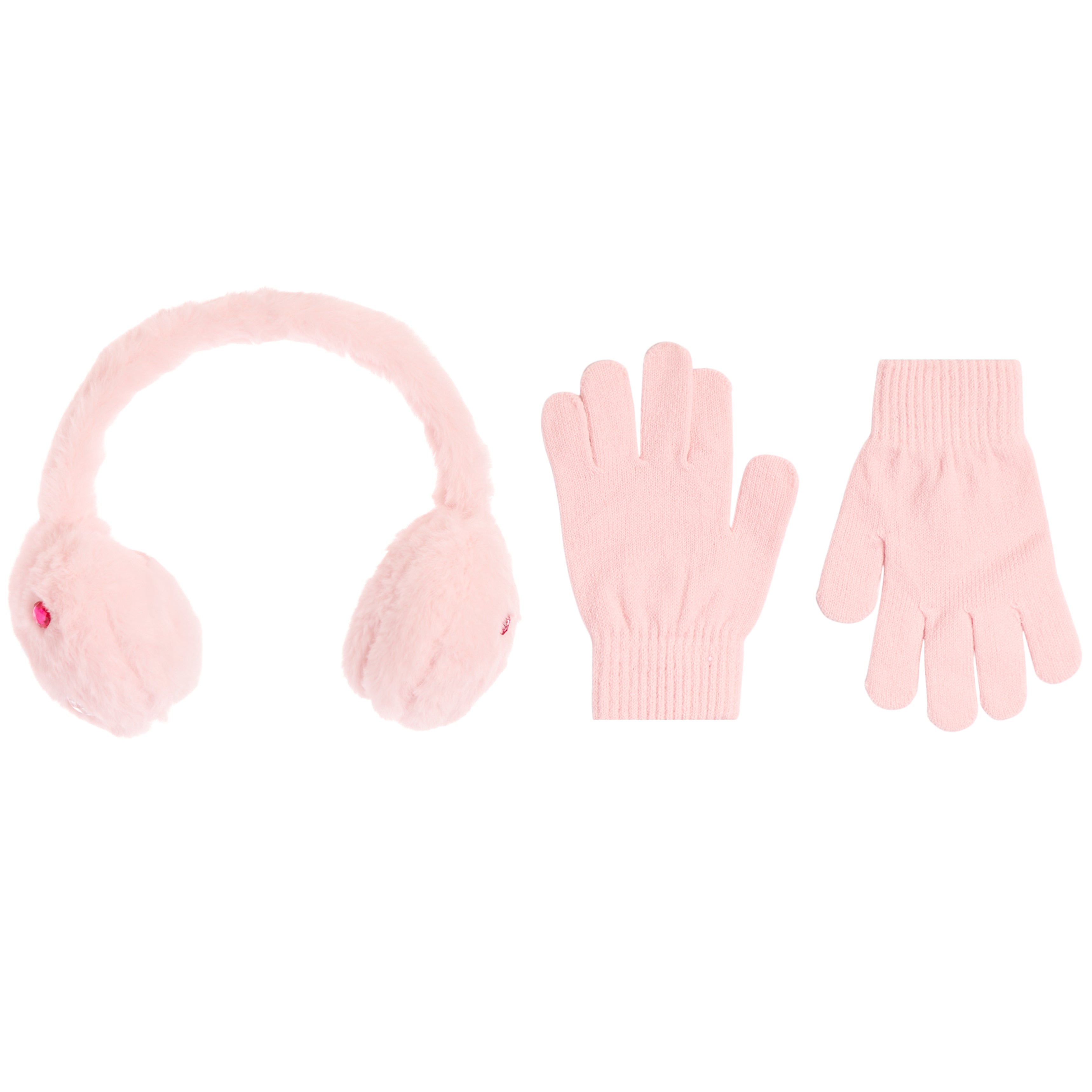 A light pink winter accessory set on a solid white background, including fuzzy earmuffs, a knit glove, and a ribbed knit glove.
