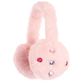 Pink faux fur earmuffs with a long handle and decorative pink and clear rhinestones, shown on a solid white background.