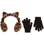 A three-piece children's winter accessory set on a plain white background, featuring brown leopard-print faux fur earmuffs with small pink bows, a pair of black knit gloves.