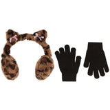 A three-piece children's winter accessory set on a plain white background, featuring brown leopard-print faux fur earmuffs with small pink bows, a pair of black knit gloves.
