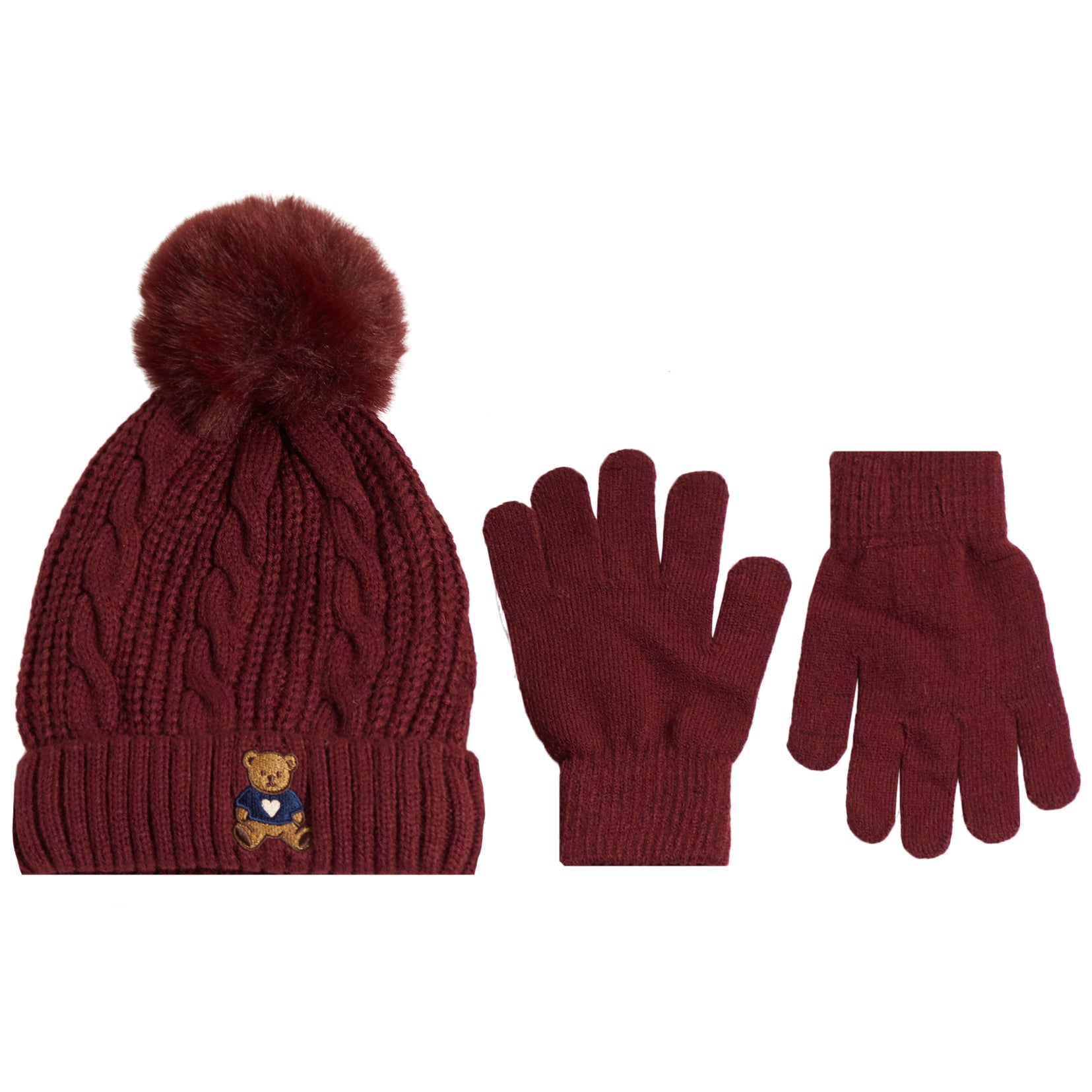 A winter accessory set featuring a cable-knit beanie with a fluffy pom-pom, a pair of matching knit gloves, and a small embroidered teddy bear logo on the beanie cuff, shown on a plain white background.