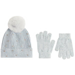 A light blue knit winter hat with a fluffy white pom-pom, decorated with small rhinestone-like studs, shown alongside a matching pair of knit gloves on a plain white background.