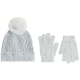 A light blue knit winter hat with a fluffy white pom-pom, decorated with small rhinestone-like studs, shown alongside a matching pair of knit gloves on a plain white background.