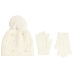 An off-white knit beanie with a fluffy pom-pom, decorated with small rhinestones, shown alongside a matching pair of knit gloves on a plain white background.