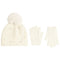 An off-white knit beanie with a fluffy pom-pom, decorated with small rhinestones, shown alongside a matching pair of knit gloves on a plain white background.