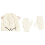 A baby winter hat and mitten set in cream-colored cable knit. The hat features a cat face design with embroidered black whiskers, a pink nose, and pink inner ears.