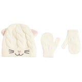 A baby winter hat and mitten set in cream-colored cable knit. The hat features a cat face design with embroidered black whiskers, a pink nose, and pink inner ears.