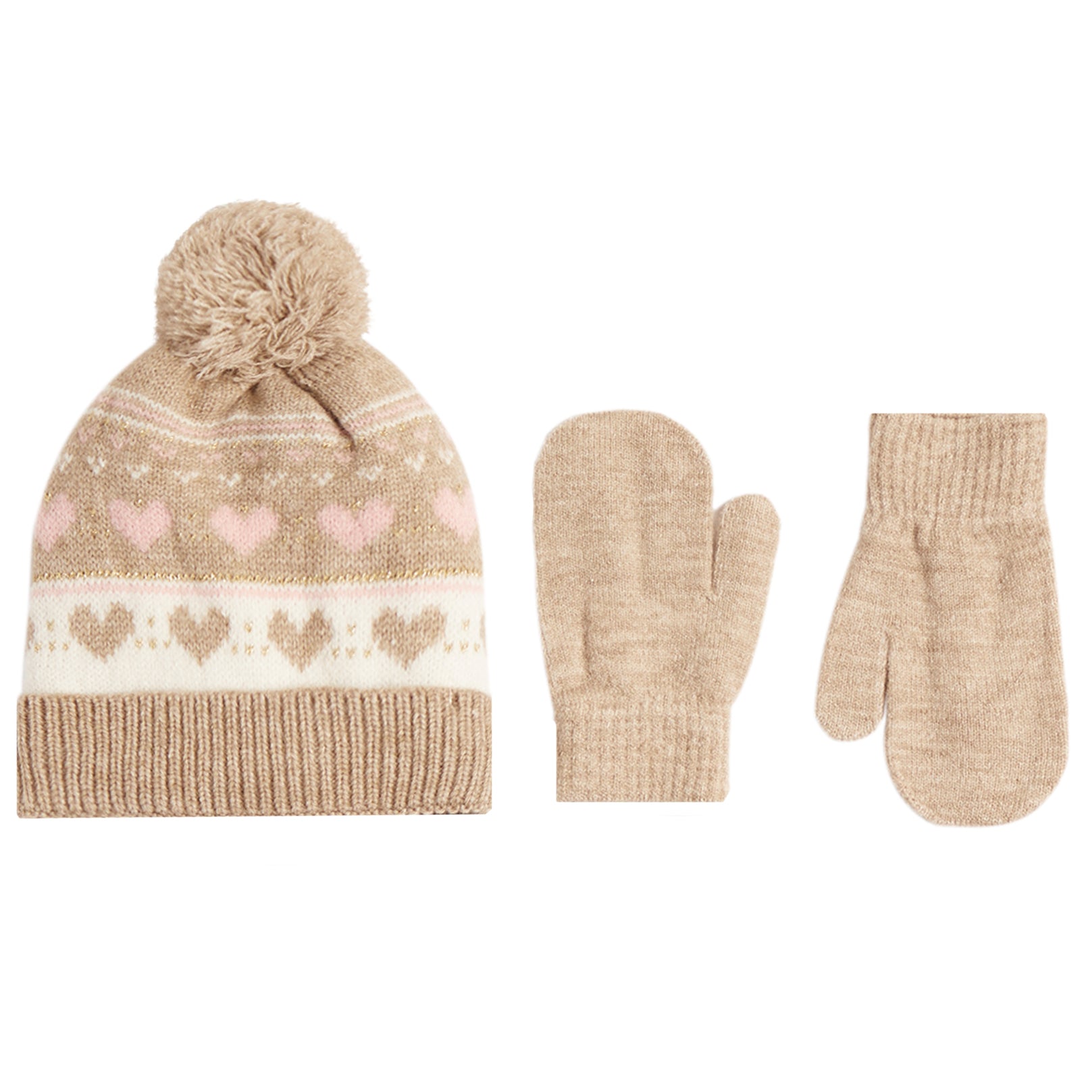 A knit winter hat and mitten set on a white background. The hat is beige with a cream band, pink hearts, and a matching pom-pom.