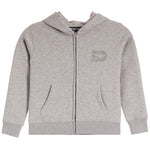 A light gray heather zip-up hoodie with a tonal gray 'D' logo on the left chest, displayed on a clean white background.