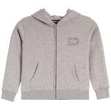 A light gray heather zip-up hoodie with a tonal gray 'D' logo on the left chest, displayed on a clean white background.