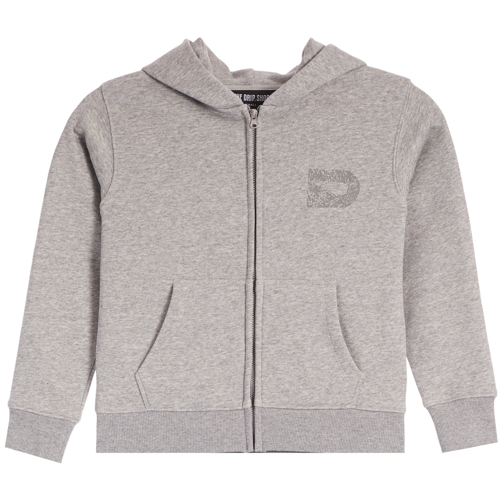 A light gray heather zip-up hoodie with a tonal gray 'D' logo on the left chest, displayed on a clean white background.