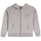 A light gray heather zip-up hoodie with a tonal gray 'D' logo on the left chest, displayed on a clean white background.