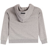 A light gray heathered hoodie, ribbed cuffs, and a ribbed hem, shown from the back on a white background.