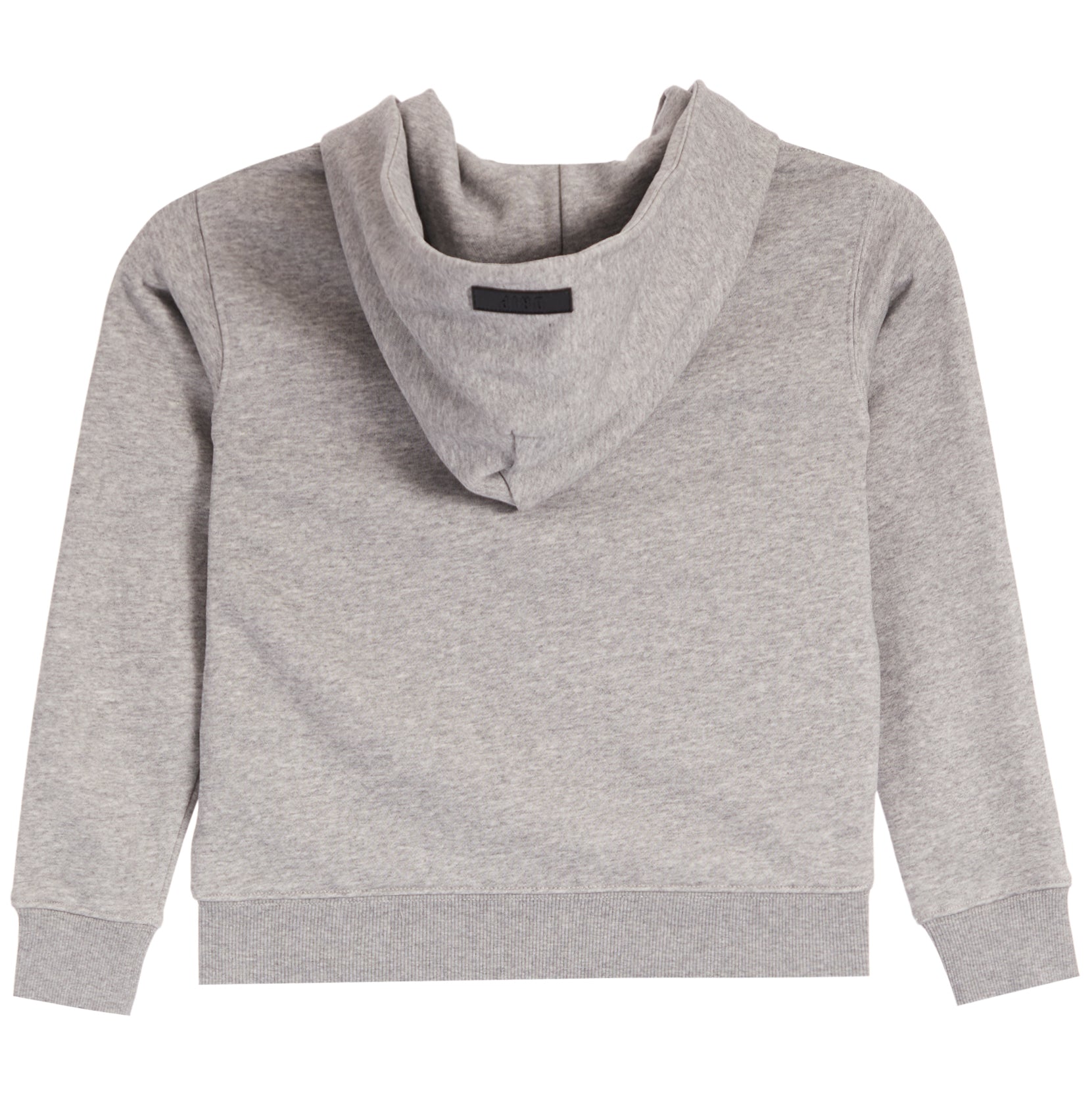 A light gray heathered hoodie, ribbed cuffs, and a ribbed hem, shown from the back on a white background.