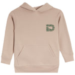 A beige pullover hoodie with a green graphic logo on the left chest, displayed on a clean white background.