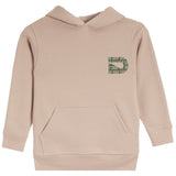 A beige pullover hoodie with a green graphic logo on the left chest, displayed on a clean white background.