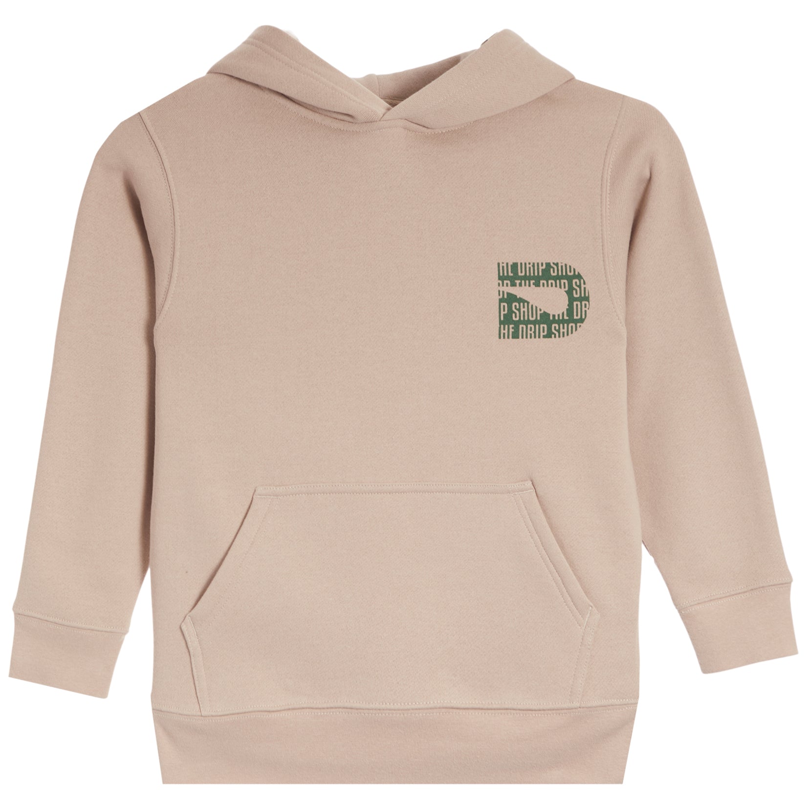 A beige pullover hoodie with a green graphic logo on the left chest, displayed on a clean white background.
