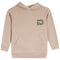 A beige pullover hoodie with a green graphic logo on the left chest, displayed on a clean white background.