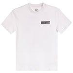 A white short-sleeve crewneck t-shirt with a small black rectangular chest logo that reads 'THE DRIP SHOP'.