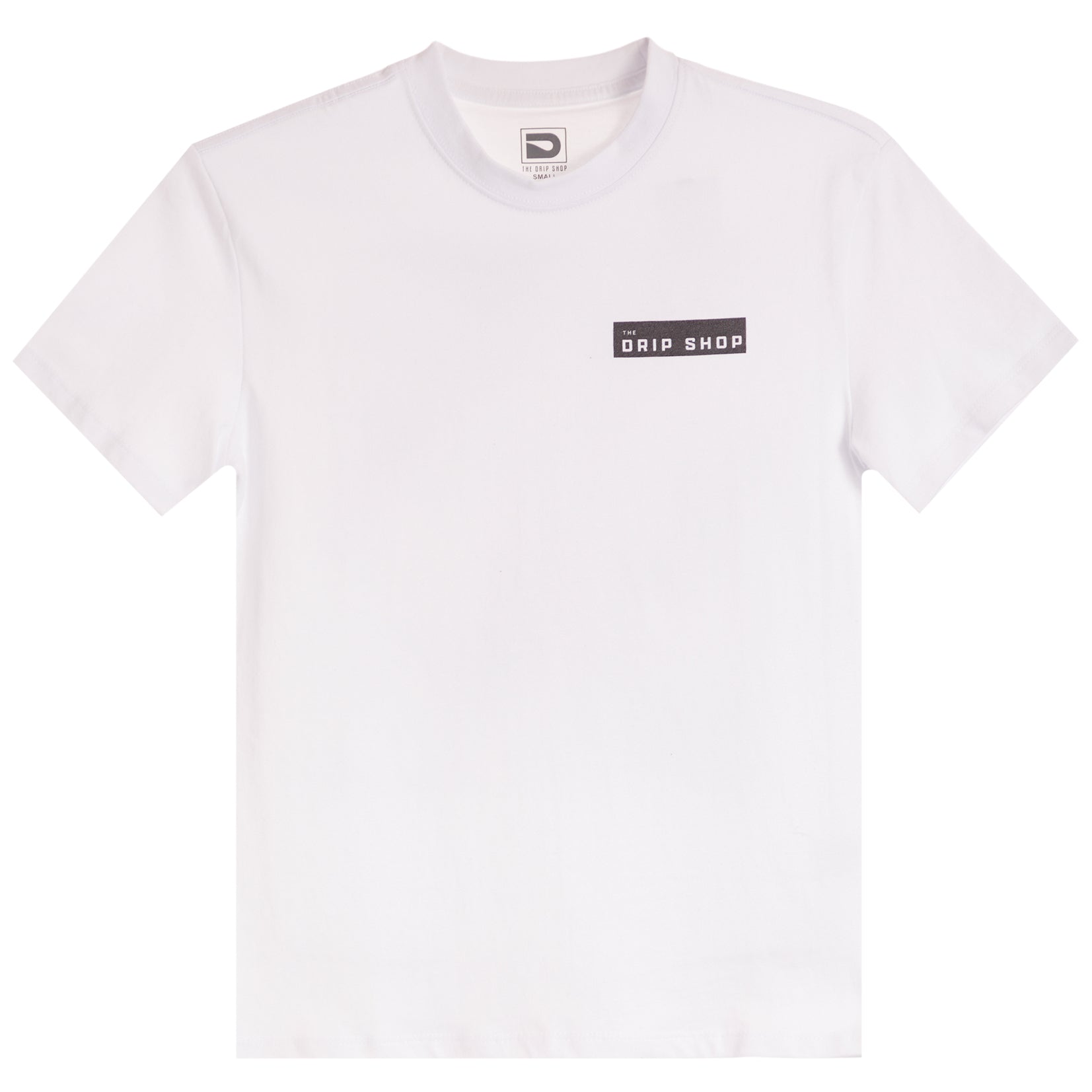 A white short-sleeve crewneck t-shirt with a small black rectangular chest logo that reads 'THE DRIP SHOP'.
