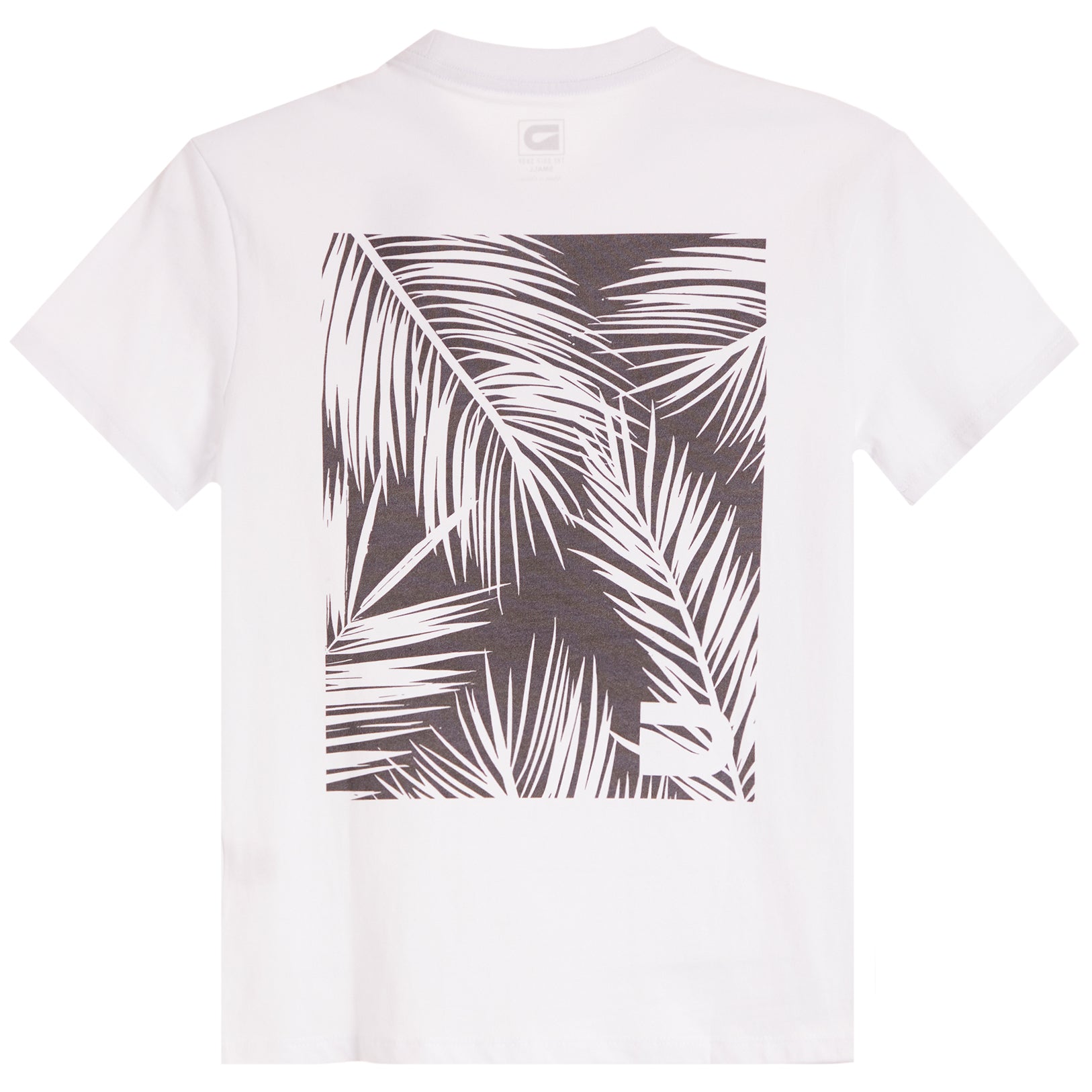 A white short-sleeve crewneck t-shirt featuring a large rectangular graphic print on the front with a black and white palm leaf pattern.