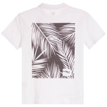 A white short-sleeve crewneck t-shirt featuring a large rectangular graphic print on the front with a black and white palm leaf pattern.