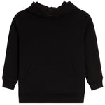 A black long-sleeve hooded sweatshirt with a front kangaroo pocket, shown flat against a plain white background.