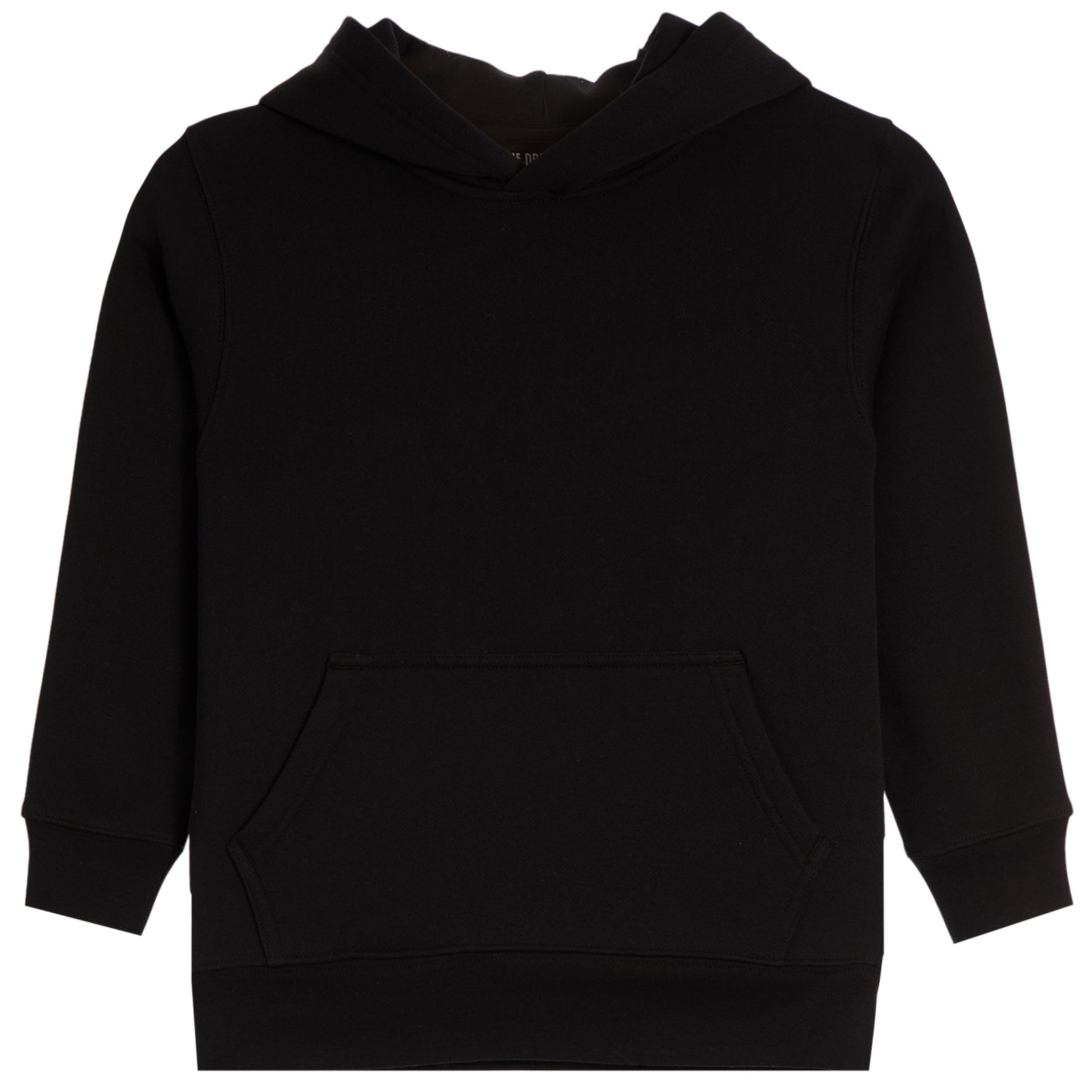 A black long-sleeve hooded sweatshirt with a front kangaroo pocket, shown flat against a plain white background.