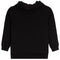 A black long-sleeve hooded sweatshirt with a front kangaroo pocket, shown flat against a plain white background.