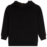 A black long-sleeve hooded sweatshirt with a front kangaroo pocket, shown flat against a plain white background.