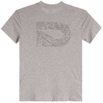 A heather gray short-sleeve t-shirt with a large, tonal gray graphic on the back depicting a stylized letter 'D' filled with a collage of small words.