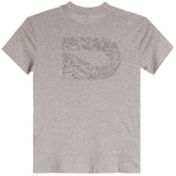 A heather gray short-sleeve t-shirt with a large, tonal gray graphic on the back depicting a stylized letter 'D' filled with a collage of small words.