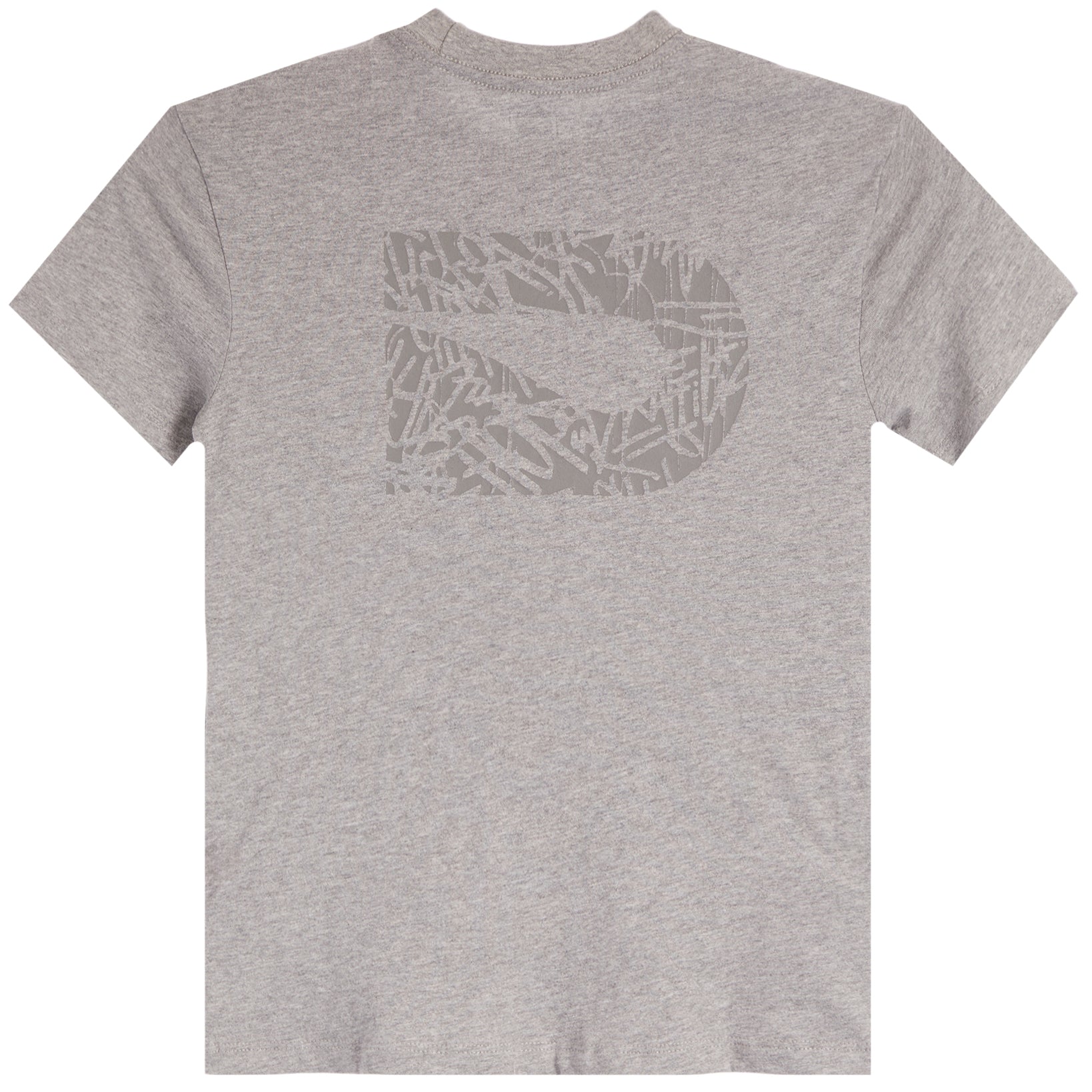 A heather gray short-sleeve t-shirt with a large, tonal gray graphic on the back depicting a stylized letter 'D' filled with a collage of small words.