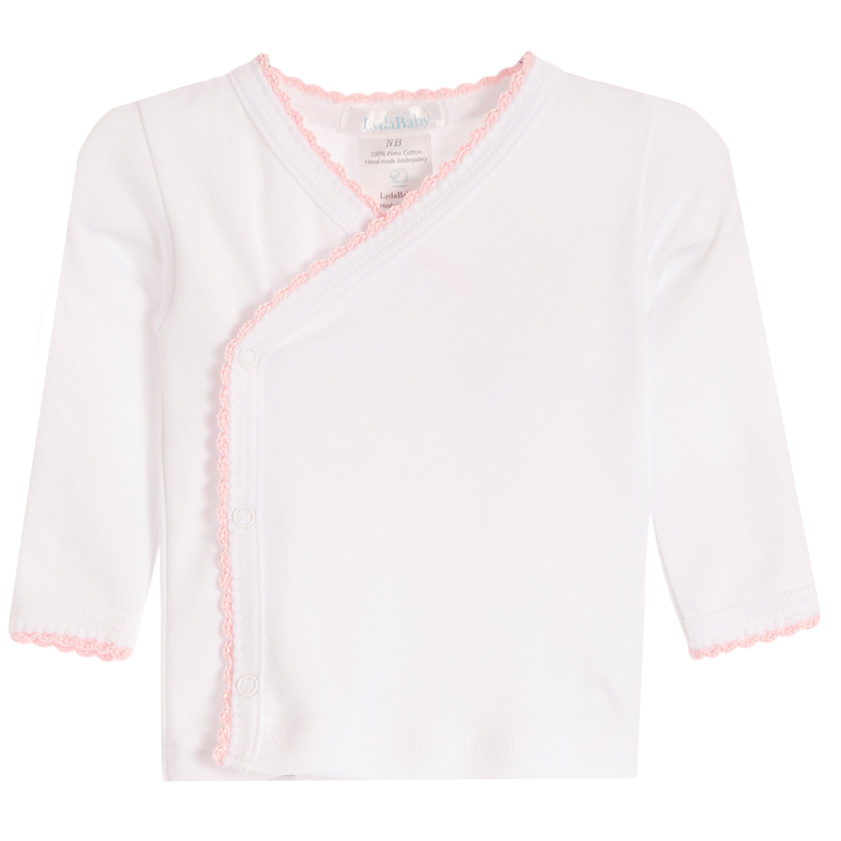 A white long-sleeve baby wrap top with light pink scalloped trim along the V-neckline and button closure, shown flat on a white background.