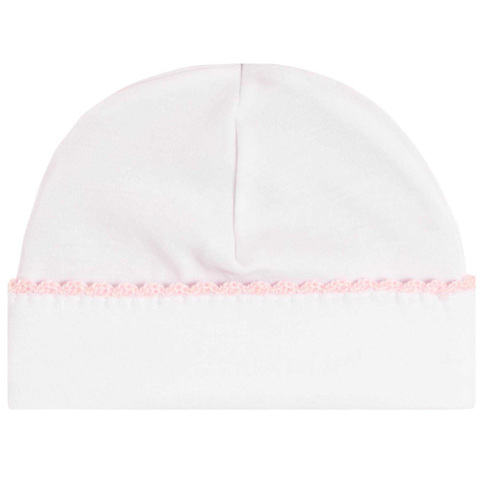 A white knit baby beanie hat featuring a delicate light pink braided trim along the folded cuff.
