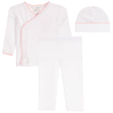 A three-piece baby clothing set including a white long-sleeve wrap top with light pink trim, white leggings, and a white beanie with a pink scalloped edge, displayed on a solid white background.