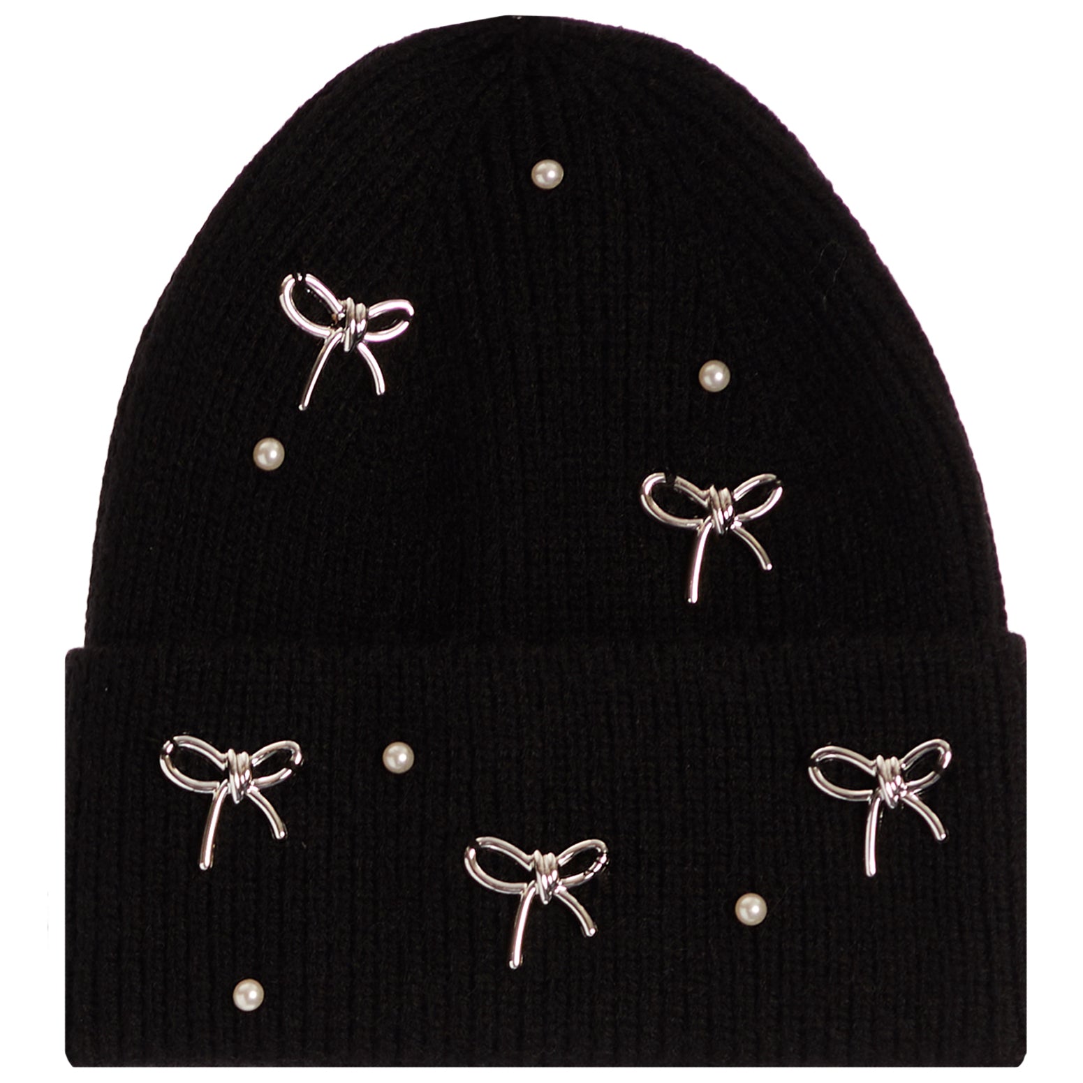 A black ribbed knit beanie hat decorated with five silver bow charms and five small white pearl-like beads, shown against a plain white background.
