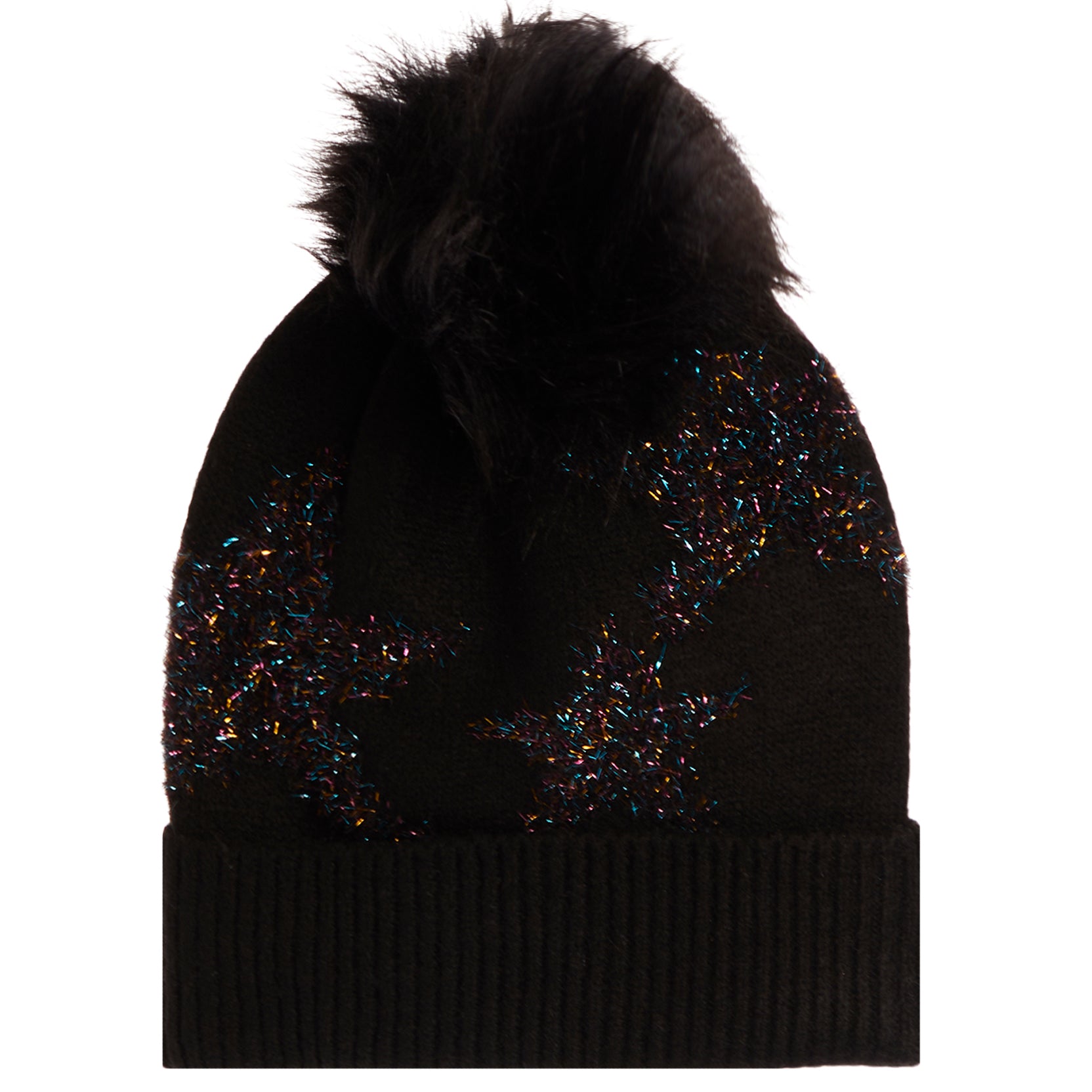 A black knit beanie hat featuring a large black faux fur pom-pom on top and iridescent star pattern knitted all over the front, shown against a plain white background.