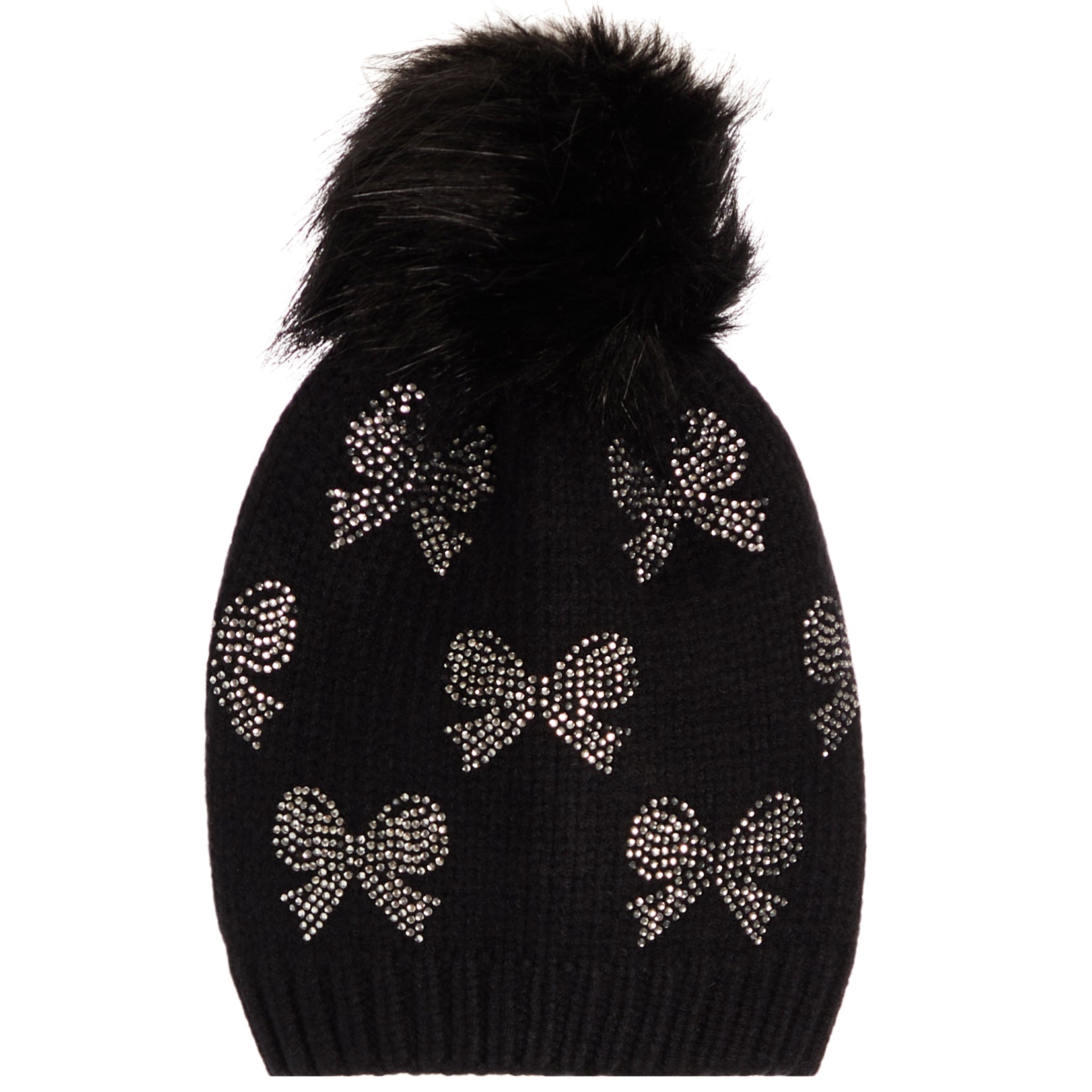 A black knit beanie hat featuring a large black faux fur pom-pom on top and silver rhinestone bow patterns knitted all over the front, shown against a plain white background.