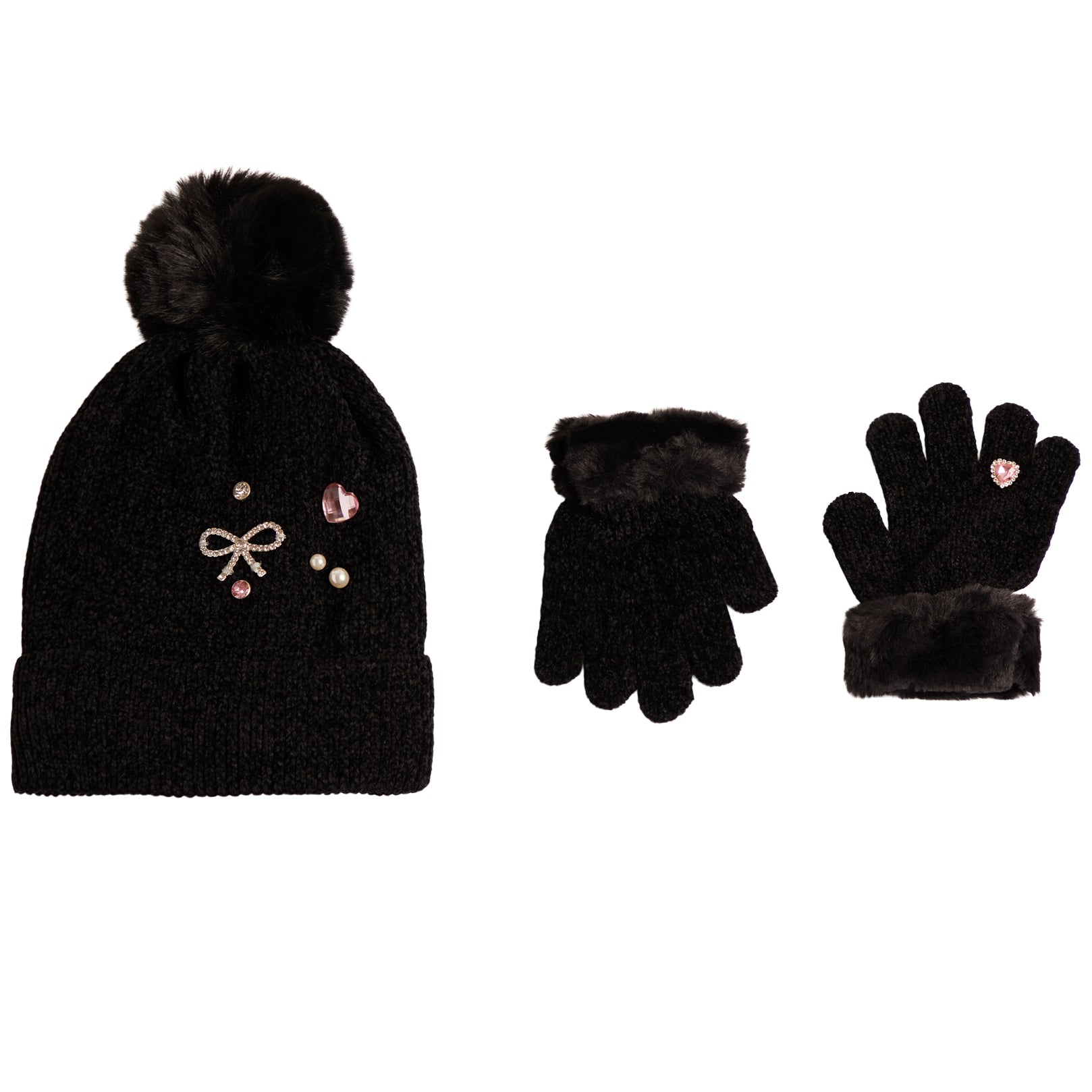 A black knit beanie with a fluffy pom-pom and decorative rhinestone bow embellishments, shown alongside matching black gloves with faux-fur trim on a plain white background.