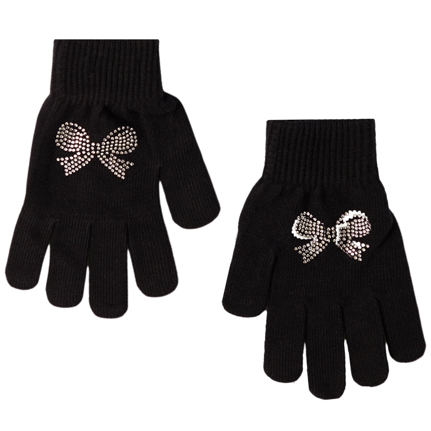A pair of black knit gloves with a sparkling silver rhinestone bow detail on the back of each hand, displayed against a plain white background.