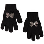 A pair of black knit gloves with a sparkling silver rhinestone bow detail on the back of each hand, displayed against a plain white background.