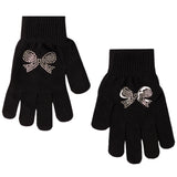 A pair of black knit gloves with a sparkling silver rhinestone bow detail on the back of each hand, displayed against a plain white background.