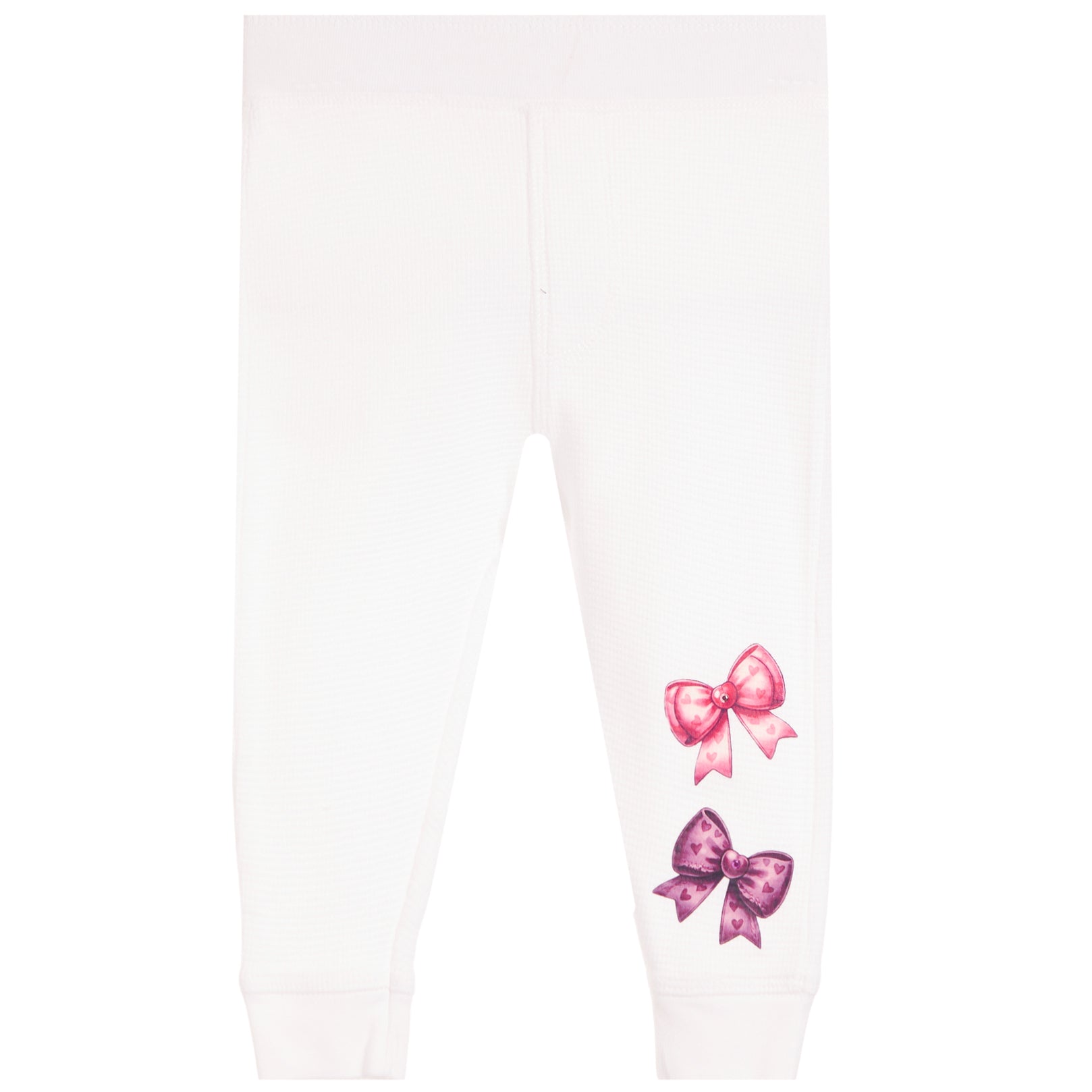 White jogger-style pants with two bow graphics on the lower right leg, one in pink and one in purple, shown on a plain white background.