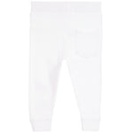 White children's jogger pants with a back pocket, ribbed ankle cuffs, and a wide elastic waistband, shown flat on a white background.